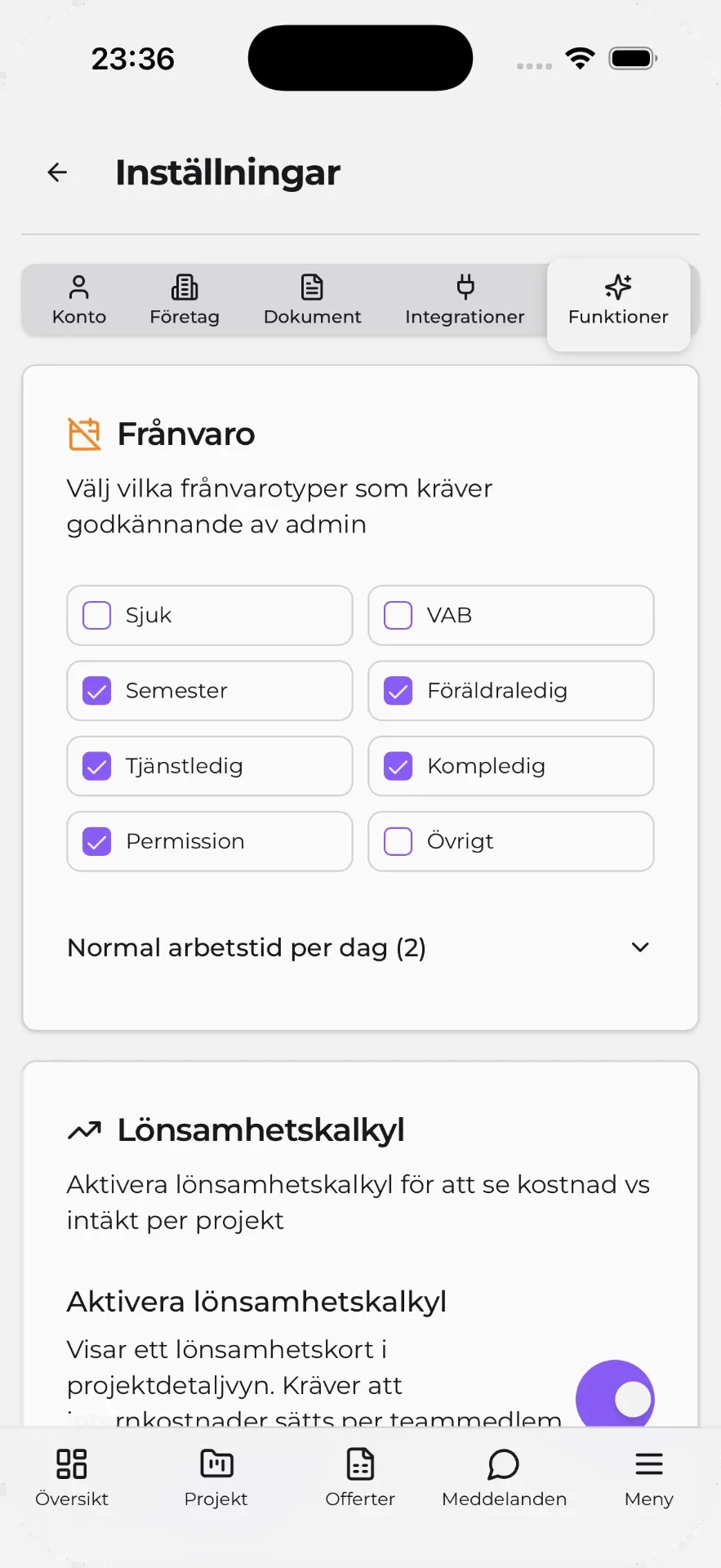 JobbOn-inställningar där man väljer vilka frånvarotyper som kräver godkännande av admin