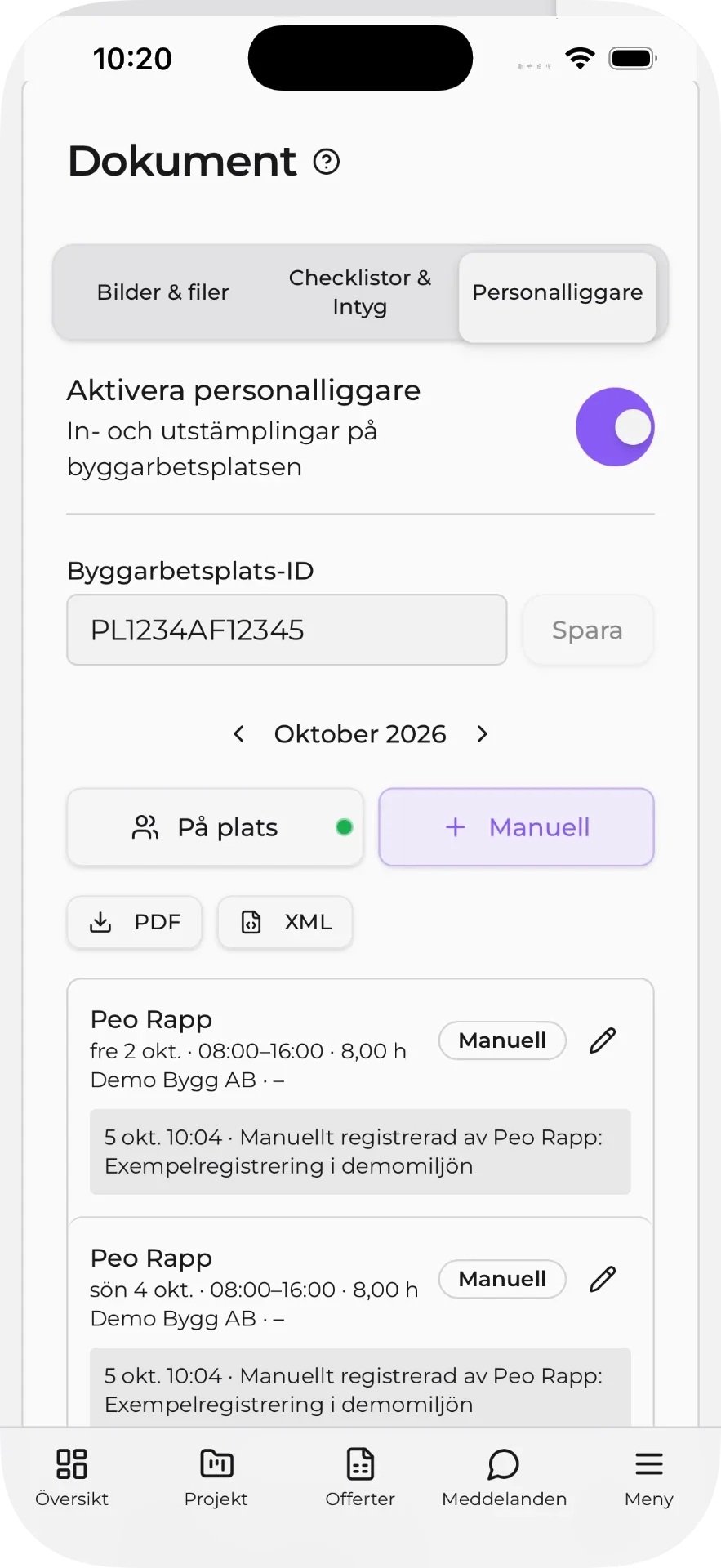 Personalliggare i JobbOn med byggarbetsplats-id, instämplingar och export till PDF och XML