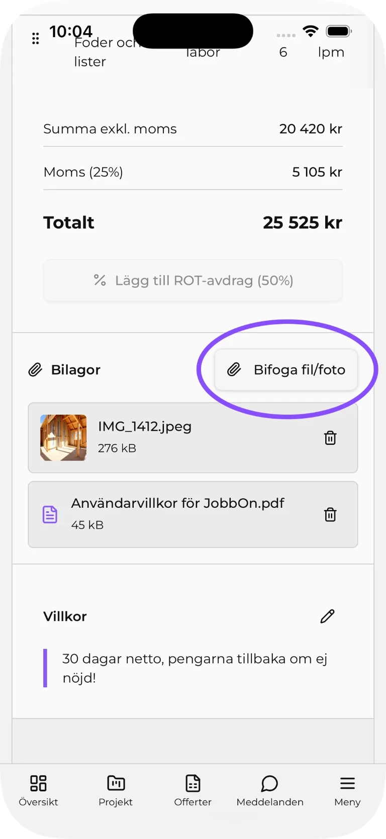 Knappen Bifoga fil eller foto och två bilagor i en offert