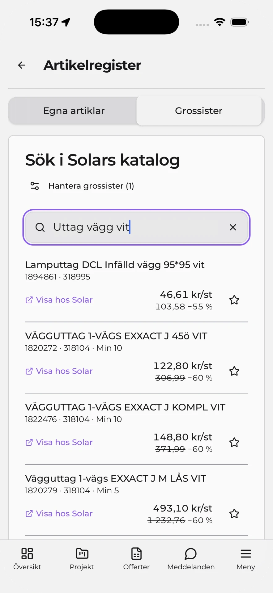 Artikelregister med grossistfliken aktiv och sökresultat från Solar