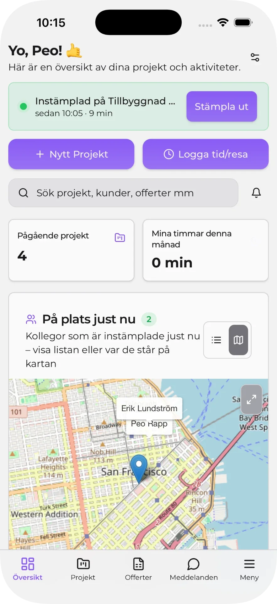 På plats just nu i JobbOn med två instämplade kollegor synliga på kartan