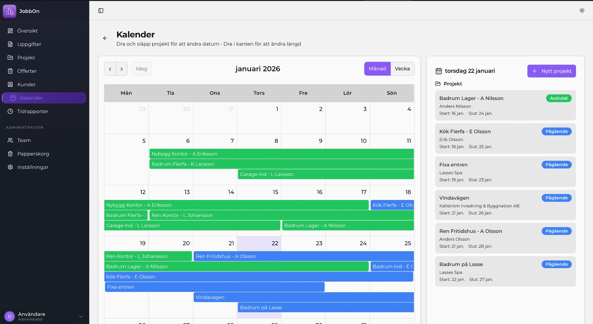 Projektkalender i JobbOn med byggjobb utlagda över månaden