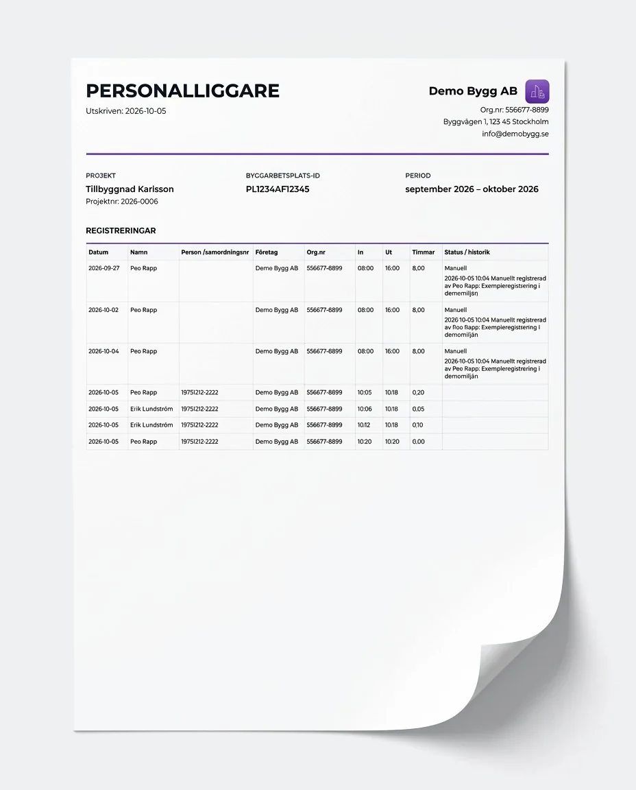 Stående utskrift av personalliggaren med projekt, byggarbetsplats-id och registreringar