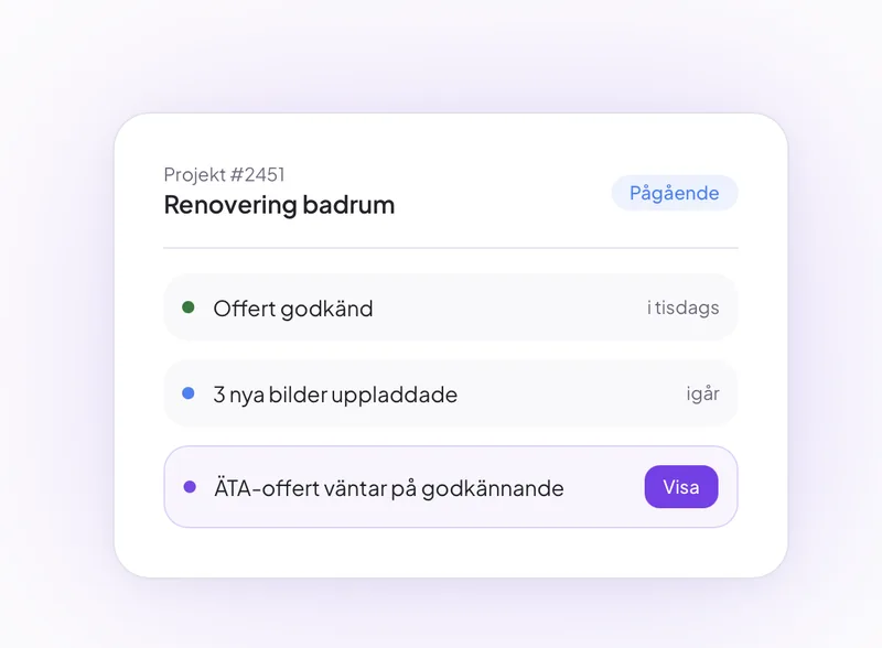 JobbOn kundportal med projektstatus och aktivitetsflöde