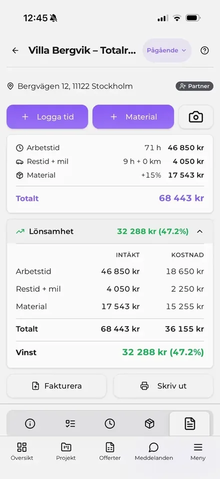 Projekt med lönsamhet i realtid i JobbOn – app för hantverkare och byggföretag