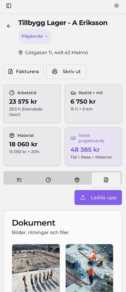 Projektverktyg för bygg – projektöversikt med status och lönsamhet i JobbOn