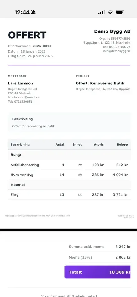 Offertverktyg för bygg – offert med rader för tid och material i JobbOn-appen