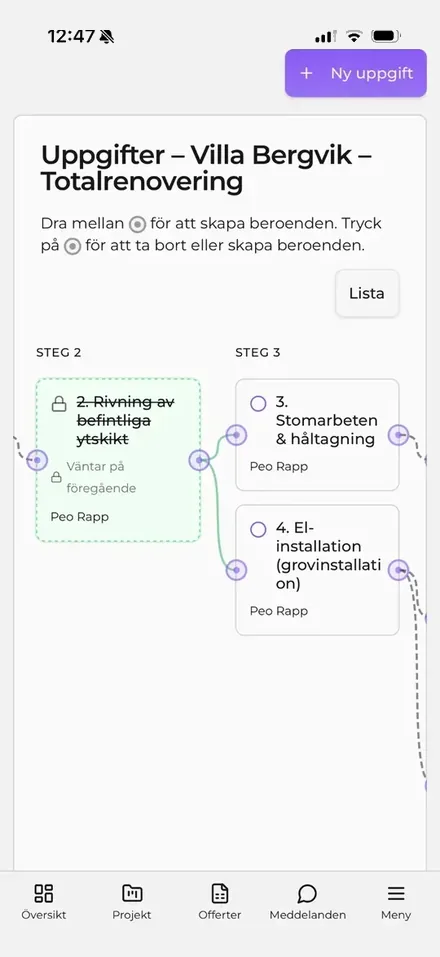Arbetsorder-app för bygg – arbetsorder tilldelade och följda i JobbOn-appen