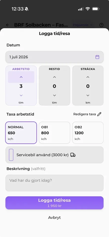 Tidrapportering för bygg i JobbOn-appen – timmar rapporterade på ett projekt i mobilen