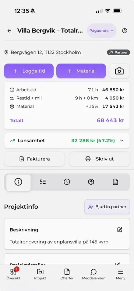 Tidrapportering för bygg i JobbOn-appen – timmar rapporterade på ett projekt i mobilen
